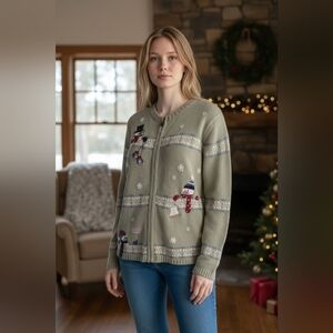Croft & Barrow Festive Green Cardigan with Snowman Christmas Grandma Hoilday